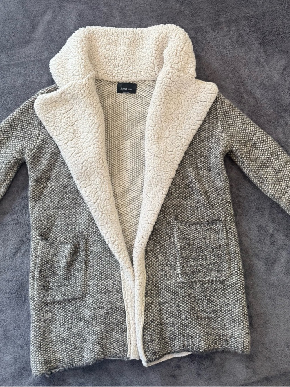 Zara Cream & Gray Sherpa-Lined V-Neck Knit Cardigan